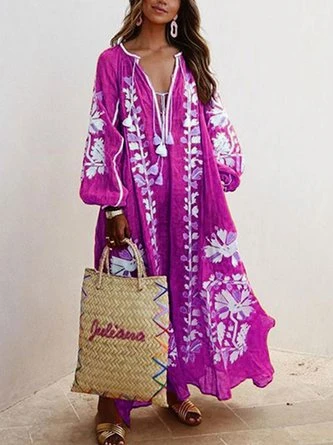 Zolucky Women Printed Boho Casual Dress V Neck Holiday Maxi Dress - Image 3