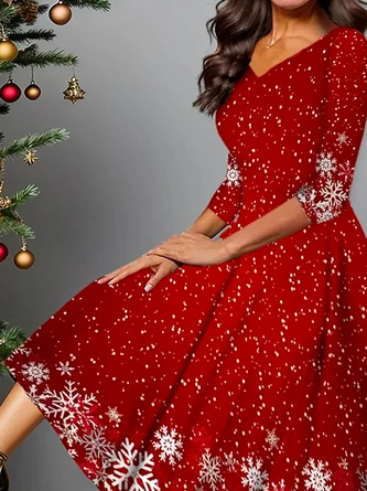 Plus Size Loose V Neck Snowflake Casual Dress - Image 2