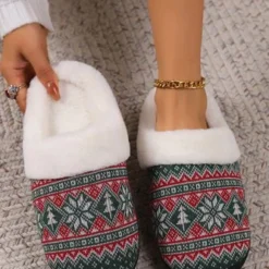 Christmas Ethnic Pattern Fluffy Toe-covered Slippers