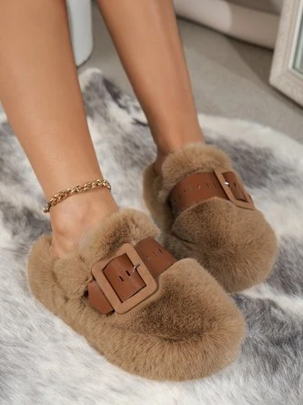 Color Block Buckle Warmth Fluffy Toe-covered Slippers