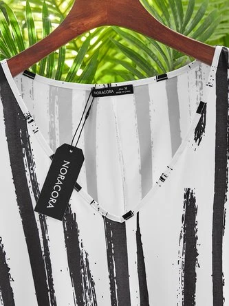 Striped V Neck Casual Short Sleeve Dress - Image 4