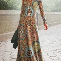 Ethnic Printed Long Sleeve Crew Neck Casual Dress