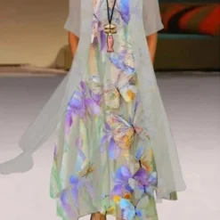 Butterfly Printed Casual Round Neck Dress With Coat Two-Piece Set