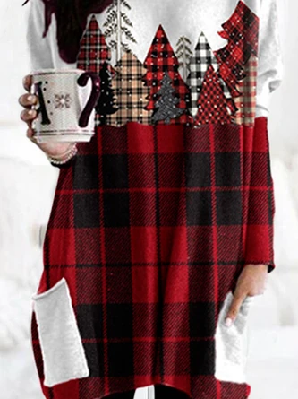 Christmas Classic Check Casual Crew Neck Knitting H-Line Short Dress - Image 3