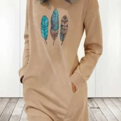 Loose Feather Pattern Casual Crew Neck Dress