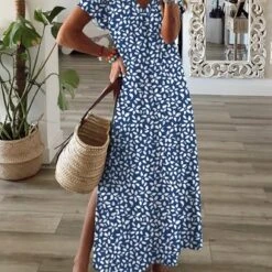 Casual Floral Short Sleeve V Neck Printed Dress