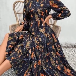 Abstract V Neck Loose Casual Dress With No