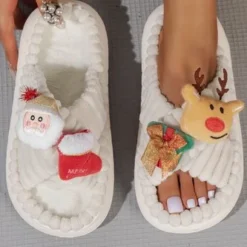 Christmas Santa Claus Elk Bow Cross-strap Plush Slippers