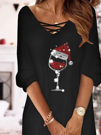 Christmas Printed Casual Loose V Neck Long Sleeve Dress Xmas Dress - Image 2