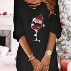Christmas Printed Casual Loose V Neck Long Sleeve Dress Xmas Dress