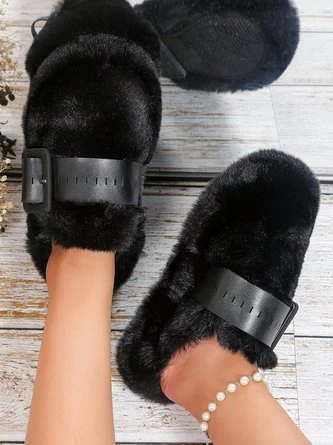 Color Block Buckle Warmth Fluffy Toe-covered Slippers - Image 15