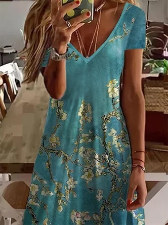 Casual Floral V Neck Short Sleeve Knit Dress - Image 3
