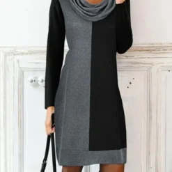 Loose Casual Long Sleeve Color Block Dress
