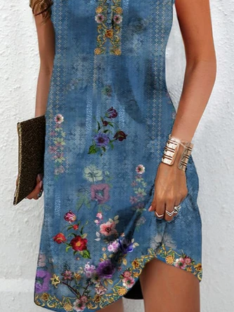 Casual Loose Ethnic Floral Printed Sleeveless Short Dress With Buttoned Design - Image 3