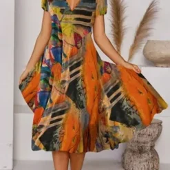 Boho Printed V Neck Floral Weaving Dress