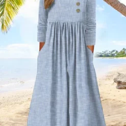 Striped Jersey Casual Asymmetrical Loose A-Line Long Sleeve T-Shirt Dress