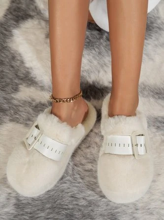 Color Block Buckle Warmth Fluffy Toe-covered Slippers - Image 10