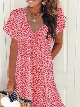 Casual V Neck Loose Short Sleeve Floral Dress - Image 3