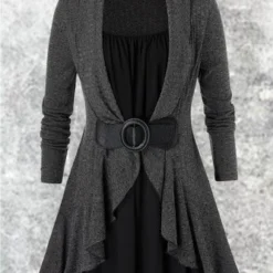 Flounce Solid Cotton-Blend Long Sleeve Weaving Dress