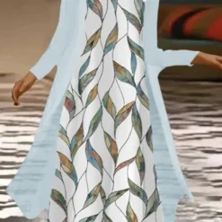 Two Piece Leaf Sleeveless Round Neck Printed Dress With Long Sleeve Outwear