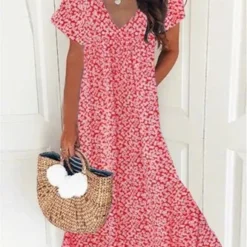 Casual V Neck Loose Short Sleeve Floral Dress
