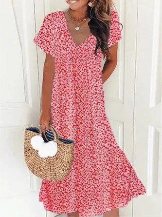 Casual V Neck Loose Short Sleeve Floral Dress