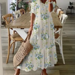 Loose V Neck Casual Floral Dress