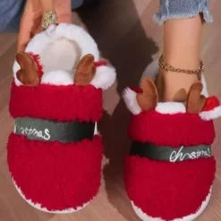 Christmas Letters Embroidery Color Block Fluffy Toe-covered Slippers