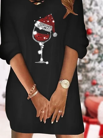 Christmas Printed Casual Loose V Neck Long Sleeve Dress Xmas Dress - Image 3