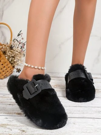 Color Block Buckle Warmth Fluffy Toe-covered Slippers - Image 16