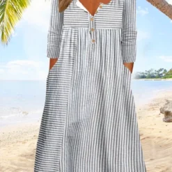 Plus Size Casual Loose Half Open Buttoned Collar Striped Long Sleeve Midi Dress