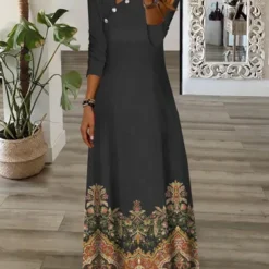 Buckle Ethnic Printed Asymmetrical Collar Casual Dress