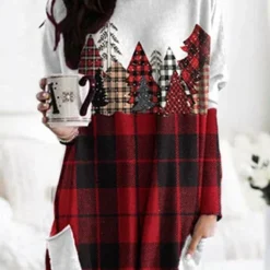 Christmas Classic Check Casual Crew Neck Knitting H-Line Short Dress