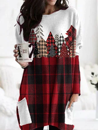 Christmas Classic Check Casual Crew Neck Knitting H-Line Short Dress