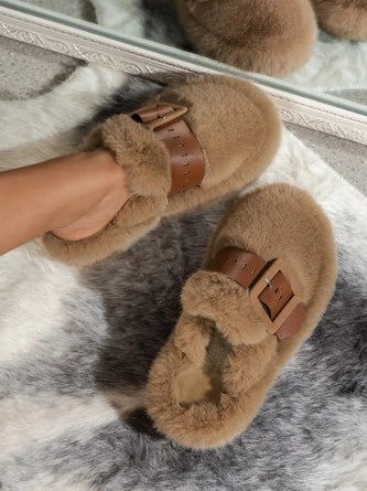 Color Block Buckle Warmth Fluffy Toe-covered Slippers - Image 6