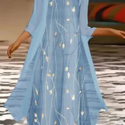 Casual Floral Autumn Micro-Elasticity Loose Three Quarter Crew Neck Coat With Skirt Regular Two-Piece Set For Women