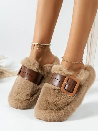Color Block Buckle Warmth Fluffy Toe-covered Slippers - Image 3