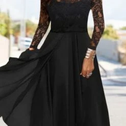Plain Lace Long Sleeve Crew Neck Party Dress