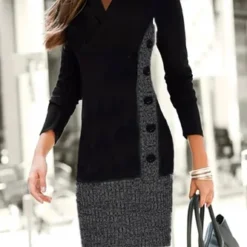 V Neck Buttoned Casual Color Block Dress