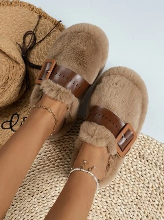 Color Block Buckle Warmth Fluffy Toe-covered Slippers - Image 8