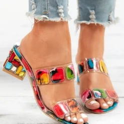 Colorful PVC Double Straps Rhinestone Chunky Heeled Sandals