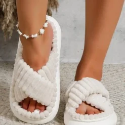 Casual Cross Strap Comfy Fluffy Slippers
