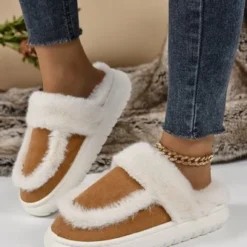 Color Block Casual Faux Fur Paneled Toe-covered Slippers
