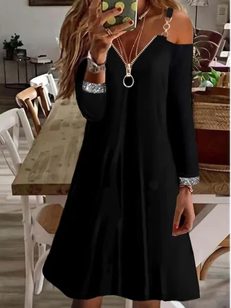 Casual Long Sleeve V Neck Tunic Dress - Image 2