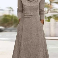 Plain Buckle Pocket Stitching Casual Maxi Dress