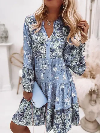 V Neck Loosen Casual Long Sleeve Woven Dress - Image 4