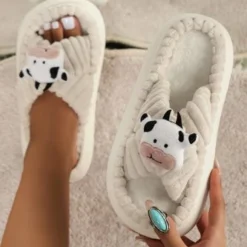 Casual Cartoon Cow Warmth Cross Strap Slippers