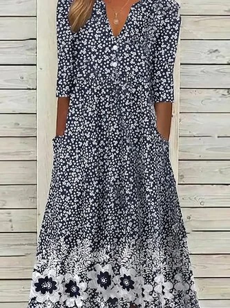 Casual Floral Woven Notched Neckline Maxi Dress - Image 3