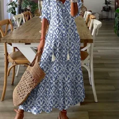 Casual H-Line V Neck Lightweight Geometric Floral Printed Short Sleeve Maxi Dress