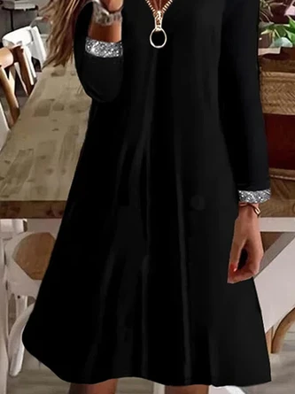 Casual Long Sleeve V Neck Tunic Dress - Image 3